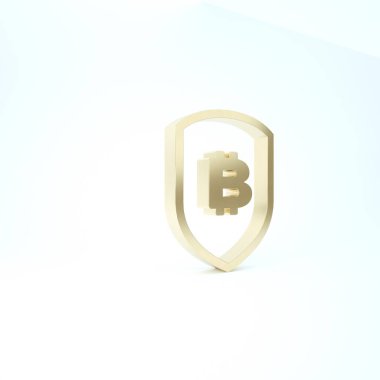 Beyaz zemin üzerinde bitcoin simgesi olan Altın Kalkan. Kripto para madenciliği, engelleme teknolojisi, güvenlik, koruma, dijital para. 3d illüstrasyon 3d canlandırma