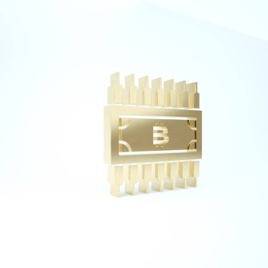 Beyaz zemin üzerinde izole edilmiş mikroçip devre ikonu ile daire içinde altın kripto para birimi bitcoin. Engelleme teknolojisi, dijital para piyasası. 3d illüstrasyon 3d canlandırma