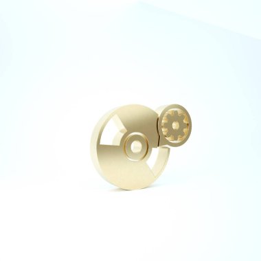 Altın CD veya DVD diski ve vites simgesi beyaz arkaplanda izole edildi. Uygulama, servis konsepti, ayar seçenekleri, bakım, onarım, onarım. 3d illüstrasyon 3d canlandırma