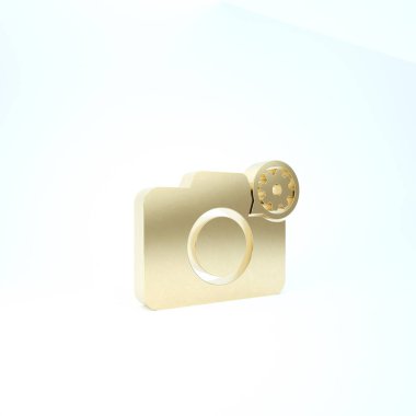 Beyaz zemin üzerinde altın fotoğraf makinesi ve vites simgesi izole edildi. Uygulama, servis konsepti, ayar seçenekleri, bakım, onarım, onarım. 3d illüstrasyon 3d canlandırma