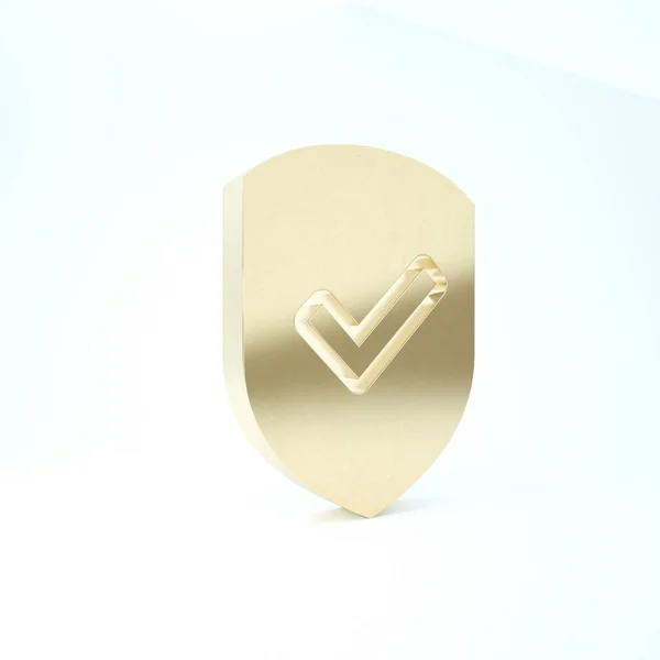 Goldschild mit Häkchensymbol isoliert auf weißem Hintergrund. Schutzsymbol. Sicherheitsüberprüfungssymbol. Markieren Sie das zugelassene Symbol. 3D Illustration 3D Renderer — Stockfoto