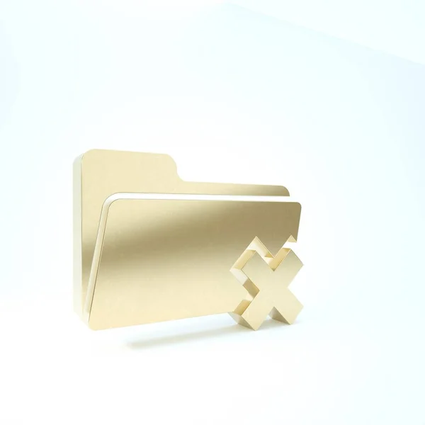 Złoto Usuń ikonę folderu na białym tle. Folder z koszem na śmieci. Usuń lub folder błędu. Zamknij folder informacyjny komputera. Ilustracja 3d — Zdjęcie stockowe
