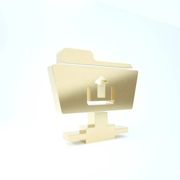 Gold FTP icône de téléchargement de dossier isolé sur fond blanc. Mise à jour logicielle, protocole de transfert, routeur, gestion des outils de travail d'équipe, processus de copie. Illustration 3D rendu 3D — Photo