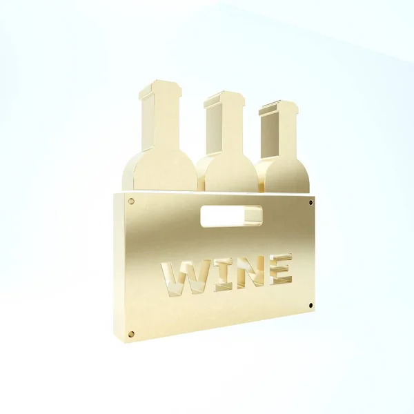 Gold Bottles of wine in a wooden box icon isolated on white background. Wine bottles in a wooden crate icon. 3d illustration 3D render — Stock Photo, Image