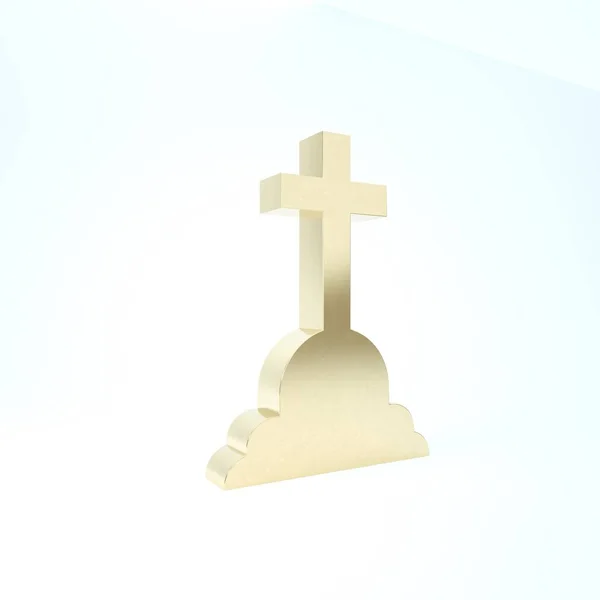 Gold Tombstone with cross icon isolated on white background. Grave icon. 3d illustration 3D render — ストック写真