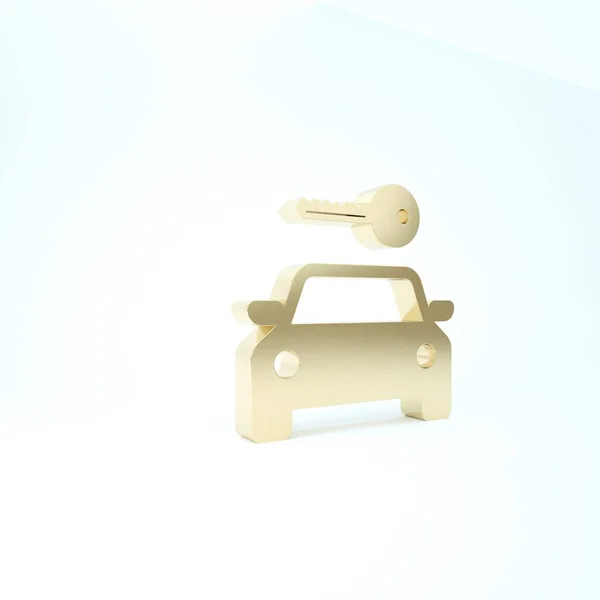 Ícone de aluguel de carro de ouro isolado no fundo branco. Alugue um sinal de carro. Chave com carro. Conceito para o serviço de reparação de automóveis, loja de peças de reposição. 3D ilustração 3D render — Fotografia de Stock