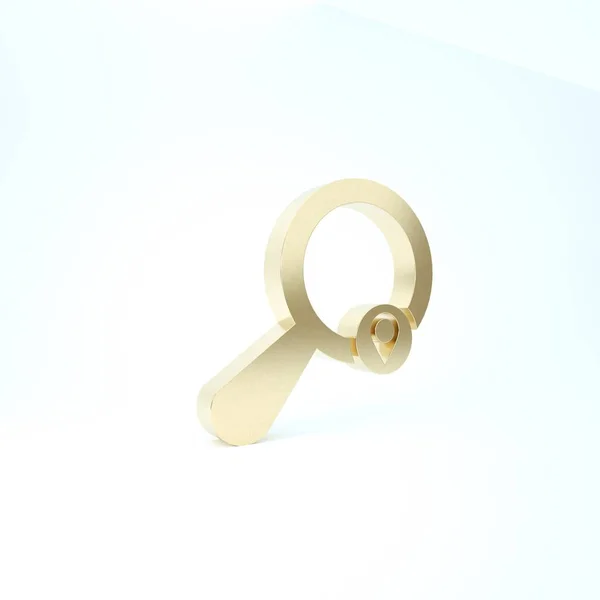 Золотий пошук розташування піктограми ізольовано на білому тлі. Збільшує склянку зі знаком вказівника. 3D ілюстрація 3D рендеринга — стокове фото