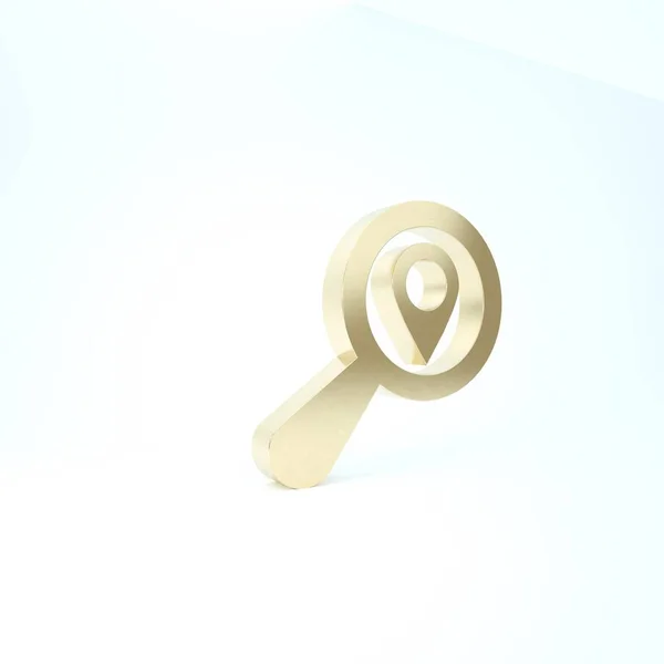 Ícone de localização Gold Search isolado no fundo branco. Ampliação de vidro com sinal de ponteiro. 3D ilustração 3D render — Fotografia de Stock