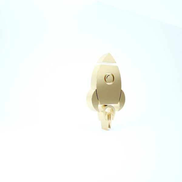 Nave Gold Rocket con icona del fuoco isolata su sfondo bianco. Viaggi nello spazio. Illustrazione 3d rendering 3D — Foto Stock