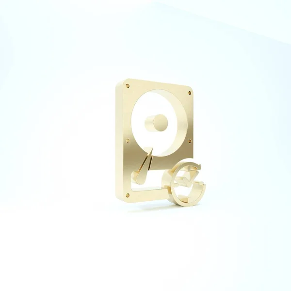 Unidad de disco duro de oro con signo en el sentido de las agujas del reloj, icono de recuperación de datos aislado en fondo blanco. 3D ilustración 3D render — Foto de Stock