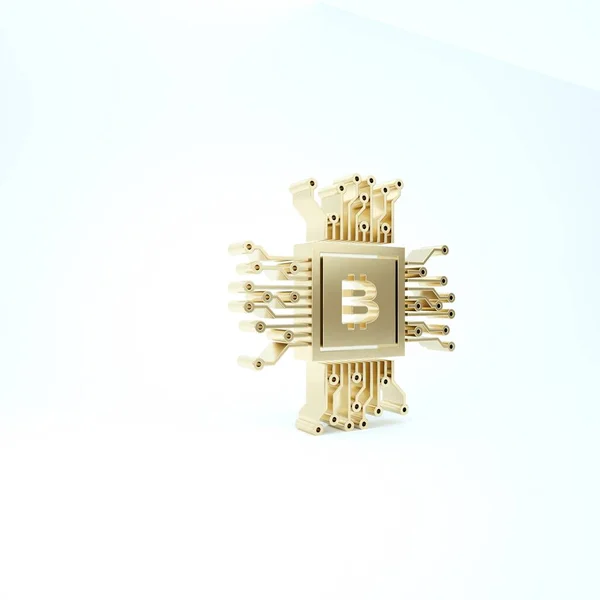 Złota ikona gospodarstwa górniczego Cpu izolowana na białym tle. Znak Bitcoin wewnątrz procesora. Kryptowaluta społeczności górniczej. Pieniądze cyfrowe. Ilustracja 3d — Zdjęcie stockowe