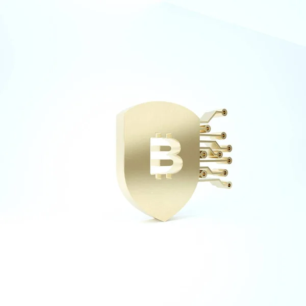 Bouclier d'or avec icône Bitcoin isolé sur fond blanc. Exploitation minière crypto-monnaie, technologie blockchain, sécurité, protéger, argent numérique. Illustration 3D rendu 3D — Photo