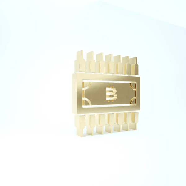 Guld Cryptocurrency bitcoin i cirkel med microchip krets ikon isolerad på vit bakgrund. Blockkedjeteknik, digital penningmarknad. 3D-illustration 3D-återgivning — Stockfoto