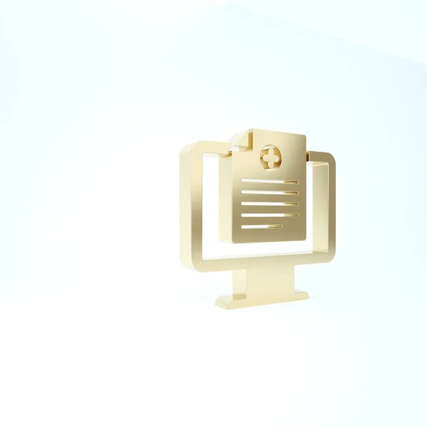 Goldene Krankenakte auf Monitor-Symbol isoliert auf weißem Hintergrund. Krankenversicherungsformular. Verschreibungspflichtig, berichten medizinische Prüfzeichen. 3D Illustration 3D Renderer — Stockfoto