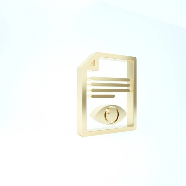 Page en papier doré avec icône symbole des yeux isolée sur fond blanc. Ouvrir le signe du fichier d'information. Illustration 3D rendu 3D — Photo