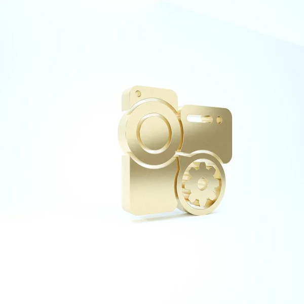 Gold Video camera and gear icon isolated on white background. Adjusting app, service concept, setting options, maintenance, repair, fixing. 3d illustration 3D render — Stock Photo, Image