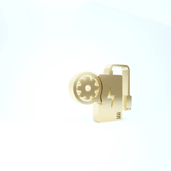 Gold Power Bank mit Ladekabel und Getriebesymbol isoliert auf weißem Hintergrund. Anpassung App, Servicekonzept, Einstellungsmöglichkeiten, Wartung, Reparatur. 3D Illustration 3D Renderer — Stockfoto