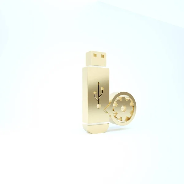 Gold USB flash drive and gear icon isolated on white background. Adjusting app, service concept, setting options, maintenance, repair, fixing. 3d illustration 3D render — Stock Photo, Image