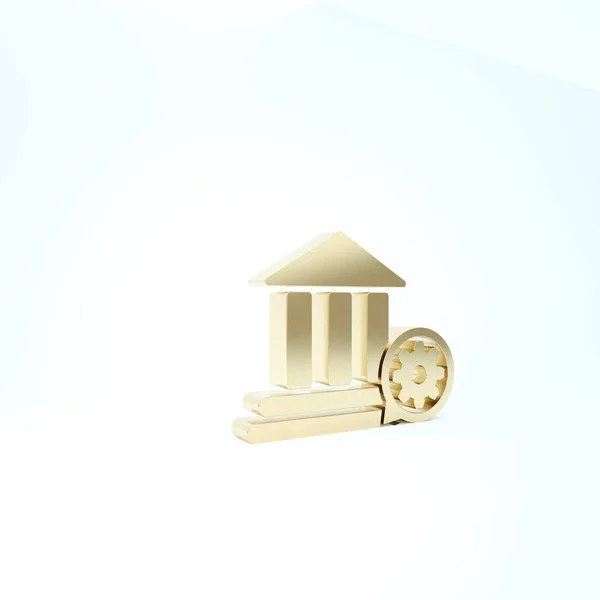 Gold Bank building and gear icon isolated on white background. Adjusting app, service concept, setting options, maintenance, repair, fixing. 3d illustration 3D render — ストック写真