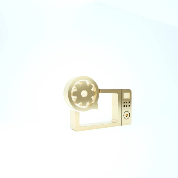 Gold Microwave oven and gear icon isolated on white background. Adjusting app, service concept, setting options, maintenance, repair, fixing. 3d illustration 3D render — ストック写真