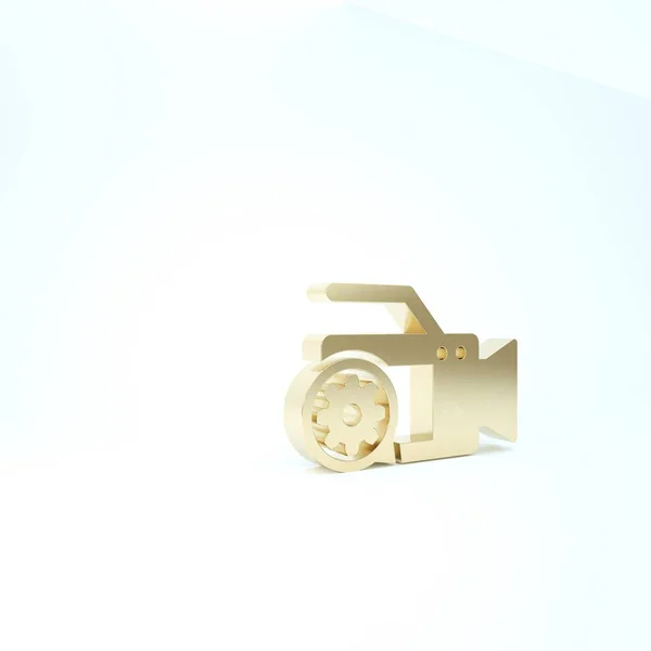 Gold Video camera and gear icon isolated on white background. Adjusting app, service concept, setting options, maintenance, repair, fixing. 3d illustration 3D render — Stock Photo, Image