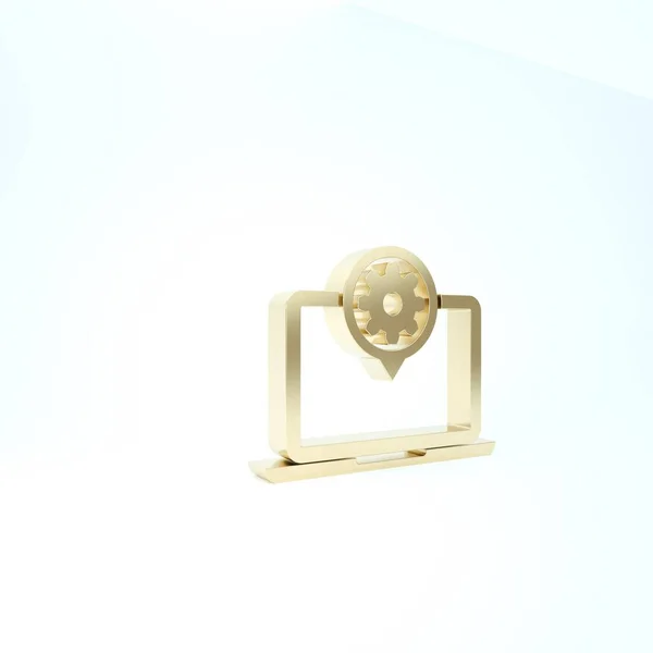 Gold Laptop and gear icon isolated on white background. Laptop service concept. Adjusting app, setting options, maintenance, repair, fixing. 3d illustration 3D render — Stock Photo, Image