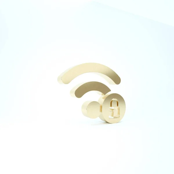 Ouro Wifi bloqueado ícone de sinal isolado no fundo branco. Senha símbolo Wi-fi. Ícone de rede sem fio. Zona Wifi. 3D ilustração 3D render — Fotografia de Stock