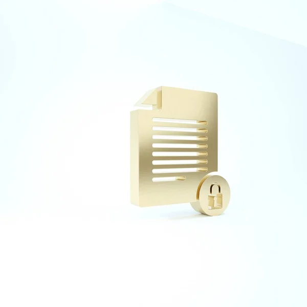 Goud Document en slot pictogram geïsoleerd op witte achtergrond. Bestandsformaat en hangslot. Beveiliging, veiligheid, beschermingsconcept. 3d illustratie 3D renderen — Stockfoto