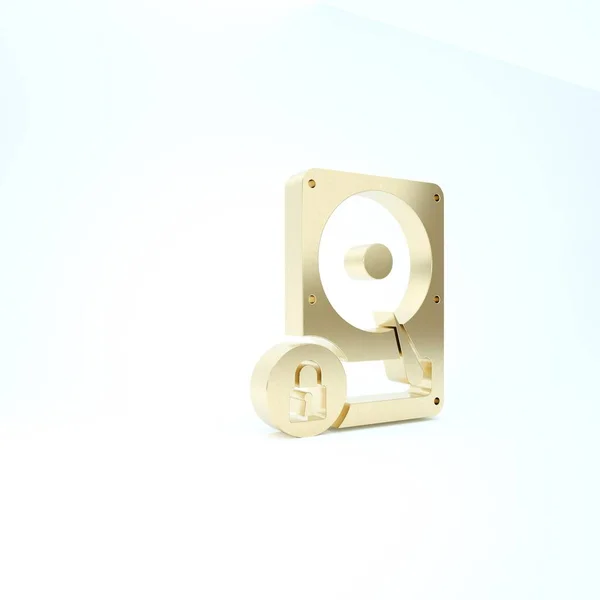 Unidad de disco duro de oro e icono de bloqueo aislado sobre fondo blanco. HHD y candado. Seguridad, seguridad, concepto de protección. 3D ilustración 3D render — Foto de Stock