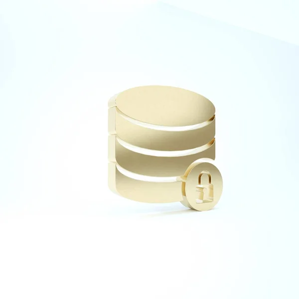 Gold-Server-Sicherheit mit geschlossenem Schloss-Symbol auf weißem Hintergrund. Datenbank und Schloss. Sicherheit, Sicherheit, Schutzkonzept. 3D Illustration 3D Renderer — Stockfoto