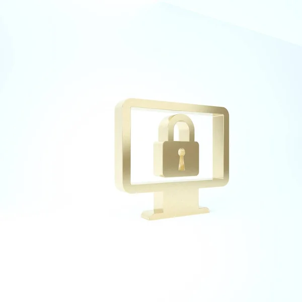 Bloqueo de oro en el icono de la pantalla del monitor del ordenador aislado en fondo blanco. Monitor y candado. Seguridad, seguridad, concepto de protección. Interred segura. 3D ilustración 3D render — Foto de Stock