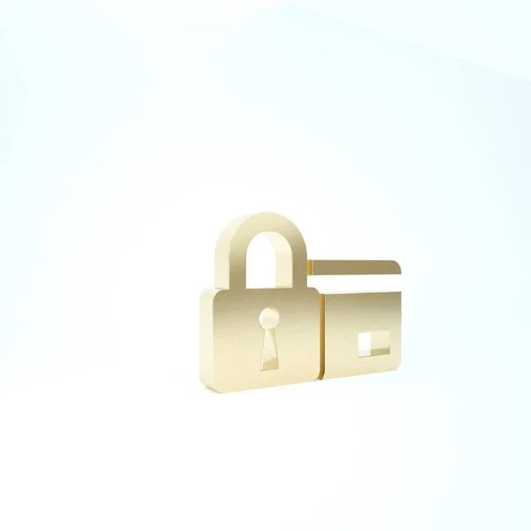 Złota karta kredytowa z ikoną blokady na białym tle. Zamknięta karta bankowa. Ochrona, bezpieczeństwo, koncepcja ochrony. Koncepcja bezpiecznej płatności. Ilustracja 3d — Zdjęcie stockowe