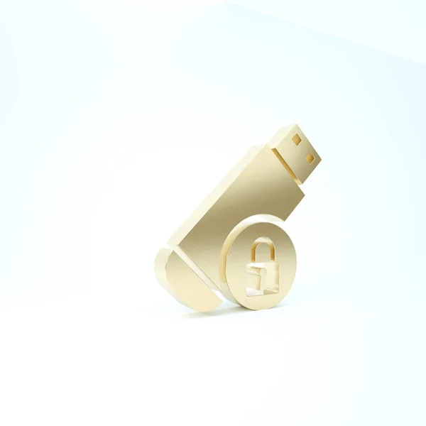 Unidade flash USB dourada com ícone de cadeado fechado isolado no fundo branco. Segurança, segurança, proteção conceito. 3D ilustração 3D render — Fotografia de Stock