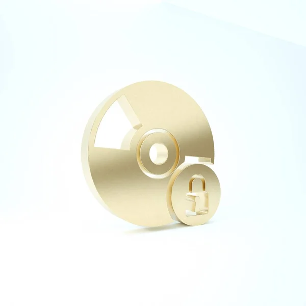 Disco de CD ou DVD dourado com ícone de cadeado fechado isolado no fundo branco. Sinal de disco compacto. Segurança, segurança, proteção conceito. 3D ilustração 3D render — Fotografia de Stock