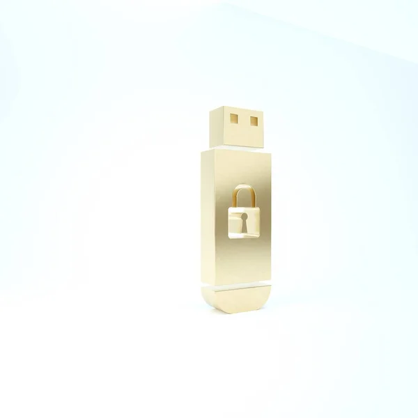 Gold-USB-Stick mit geschlossenen Vorhängeschloss-Symbol isoliert auf weißem Hintergrund. Sicherheit, Sicherheit, Schutzkonzept. 3D Illustration 3D Renderer — Stockfoto