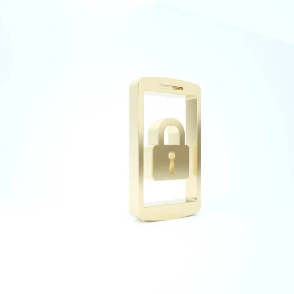 Золото с иконкой замка на белом фоне. Телефон с замком. Мобильная безопасность, безопасность, концепция защиты. 3D-рендеринг — стоковое фото