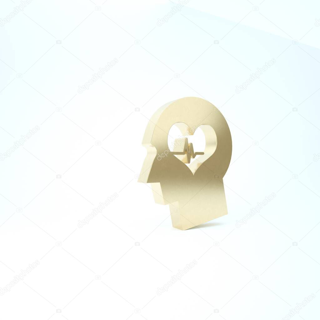 Gold Male head with a heartbeat icon isolated on white background. Head with mental health, healthcare and medical sign. 3d illustration 3D render
