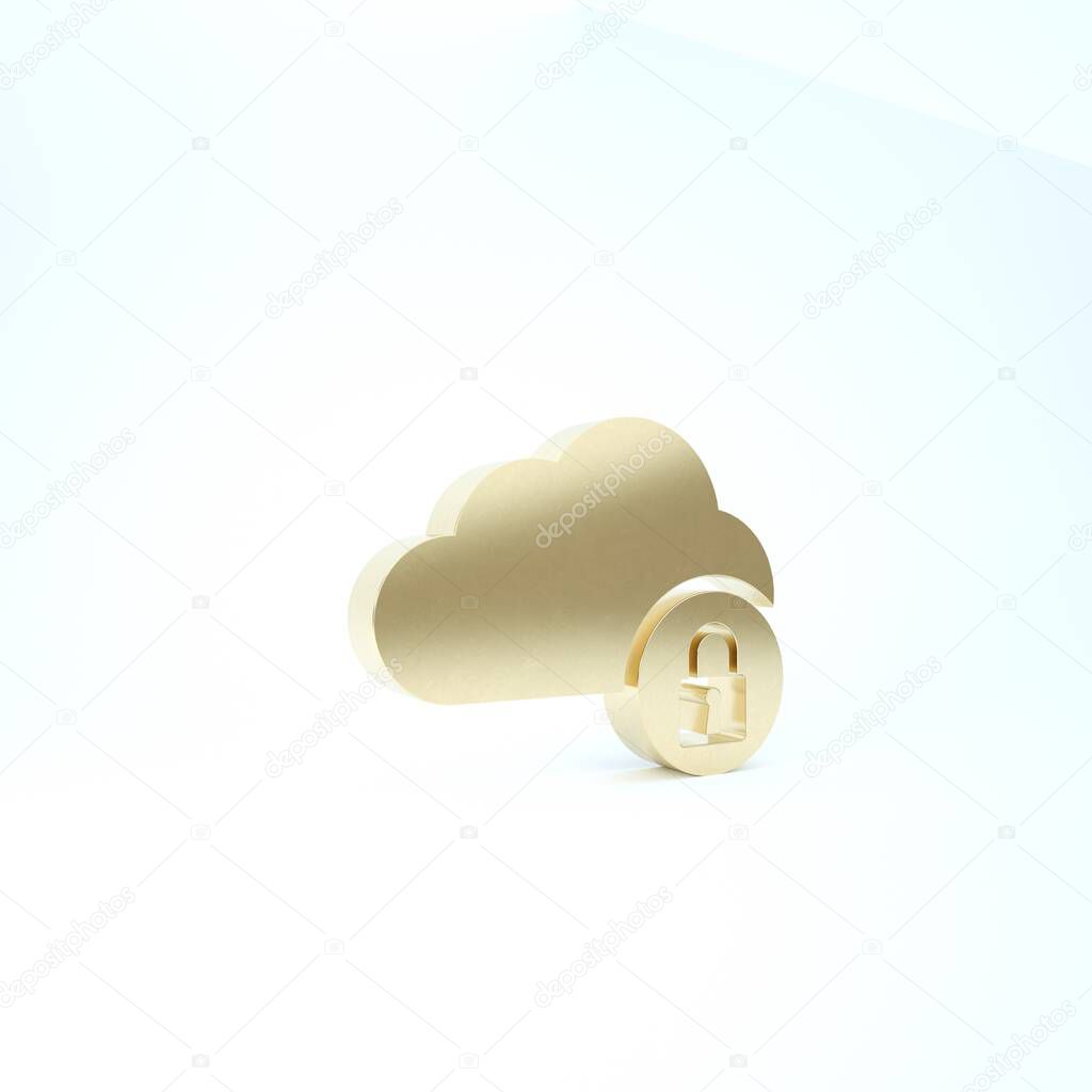Gold Cloud computing lock icon isolated on white background. Security, safety, protection concept. 3d illustration 3D render