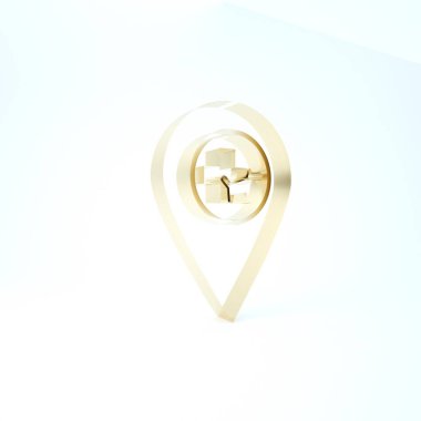 Beyaz arka planda izole edilmiş hayvan ikonu için veterinerlik, klinik ya da evcil hayvan dükkanı olan altın harita işaretçisi. Veteriner ya da veteriner kliniği. 3d illüstrasyon 3d canlandırma