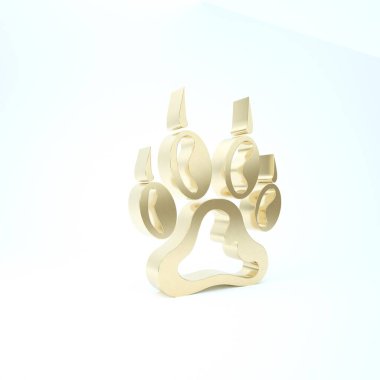 Altın Pençe yazdırma simgesi beyaz arkaplanda izole edildi. Köpek ya da kedi pençesi izi. Hayvan izleri. 3d illüstrasyon 3B canlandırma