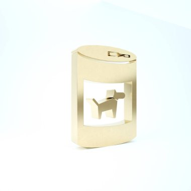 Beyaz arka planda izole edilmiş köpek ikonu için altın konserveler. Hayvanlar için yiyecek. Evcil köpek maması kutusu. 3d illüstrasyon 3d canlandırma