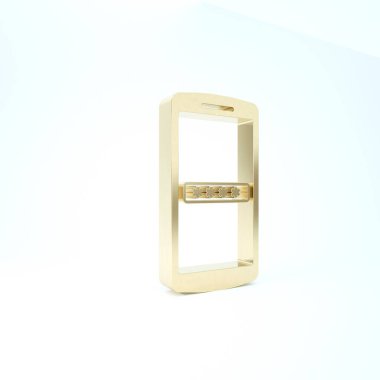 Altın cep telefonu ve şifre koruma simgesi beyaz arkaplanda izole edildi. Güvenlik, güvenlik, kişisel erişim, kullanıcı izni, mahremiyet. 3d illüstrasyon 3d canlandırma