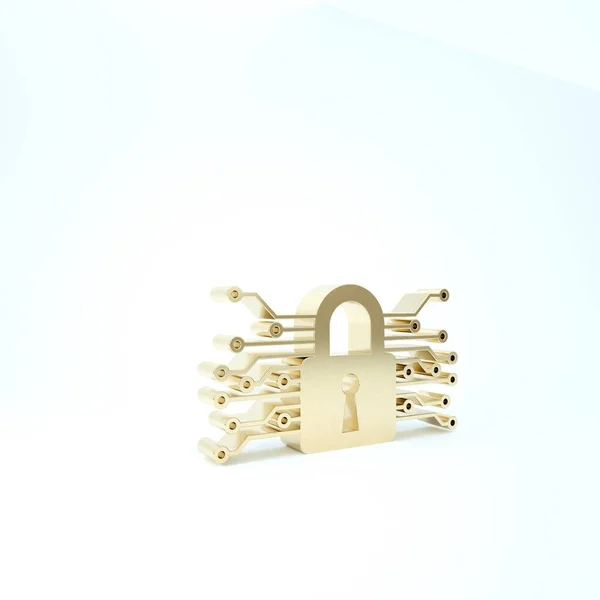 Gold Cyber security icon isolated on white background. Closed padlock on digital circuit board. Safety concept. Digital data protection. 3d illustration 3D render