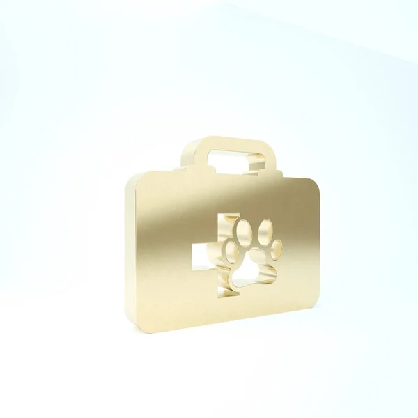 Gold Pet first aid kit icon isolated on white background. Dog or cat paw print. Clinic box. 3d illustration 3D render — Stock Photo, Image