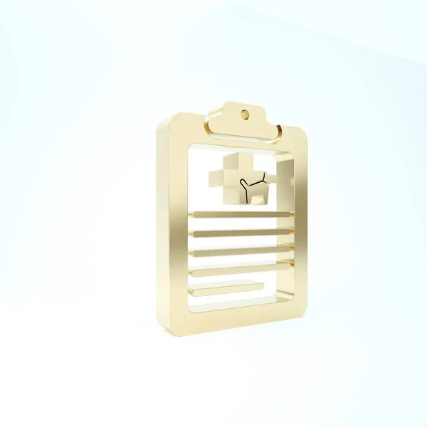 Portapapeles de oro con el icono de la mascota de la historia clínica clínica aislado sobre fondo blanco. Formulario de seguro de salud. Reporte de las marcas médicas. 3D ilustración 3D render —  Fotos de Stock