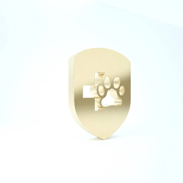 Gold Animal health insurance icon isolated on white background. Pet protection icon. Dog or cat paw print. 3d illustration 3D render — ストック写真