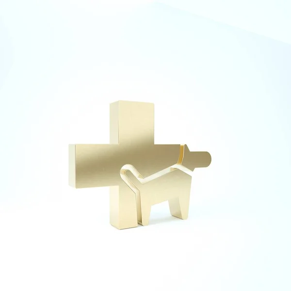 Icono símbolo de la clínica veterinaria de oro aislado sobre fondo blanco. Cruza con la atención veterinaria del perro. Signo de primeros auxilios. 3D ilustración 3D render —  Fotos de Stock