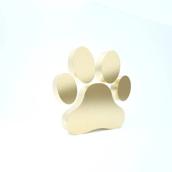 Значок "Gold Paw print" выделен на белом фоне. Отпечаток лапы собаки или кошки. Животный след. 3D-рендеринг — стоковое фото