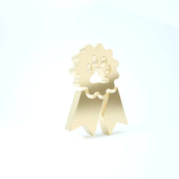 Gold pet award Symbol isoliert auf weißem Hintergrund. Abzeichen mit Hunde- oder Katzenpfotenabdruck und Schleifen. Medaille für Tiere. 3D Illustration 3D Renderer — Stockfoto