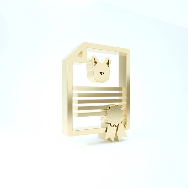 Oro Certificado médico para viajar con icono de perro o gato aislado sobre fondo blanco. Documento para mascotas. Huella de pata de perro o gato. 3D ilustración 3D render — Foto de Stock